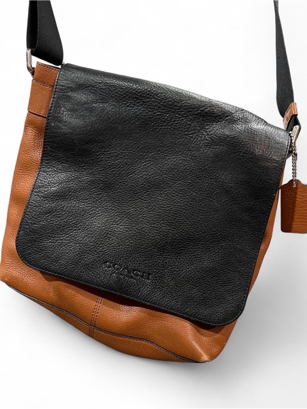 Coach Black and Brown Leather Messenger Bag with Hang Tag